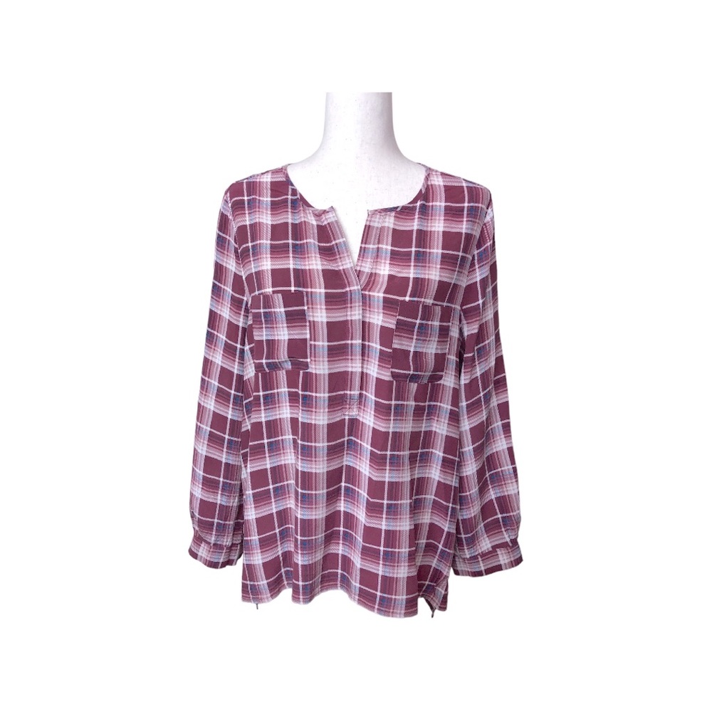 JOIE. Women’s Silk Plaid Button Down Long Sleeves Hi-Low Hemline Size Large